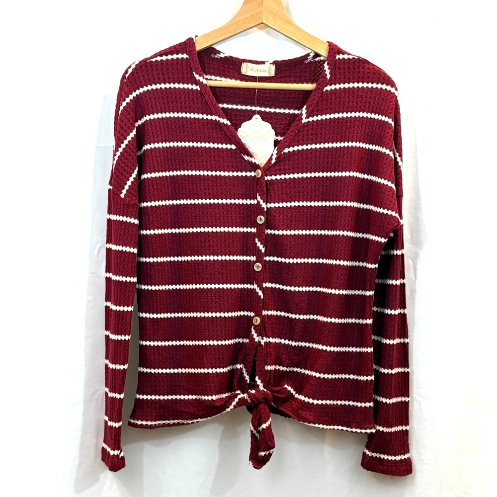NWT Altar'd State Sweater, Burgundy with White Stripes, Tie Front, Size‎ Small
